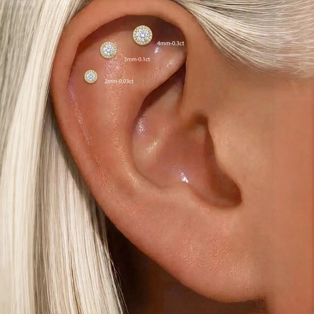Aide 1 Stück 925 Sterling Silber Moissanit Halo Piercing Ohrstecker mit Schraubverschluss, rund, für Knorpel, 2-4 mm, für Damen und Herren – Detail 12