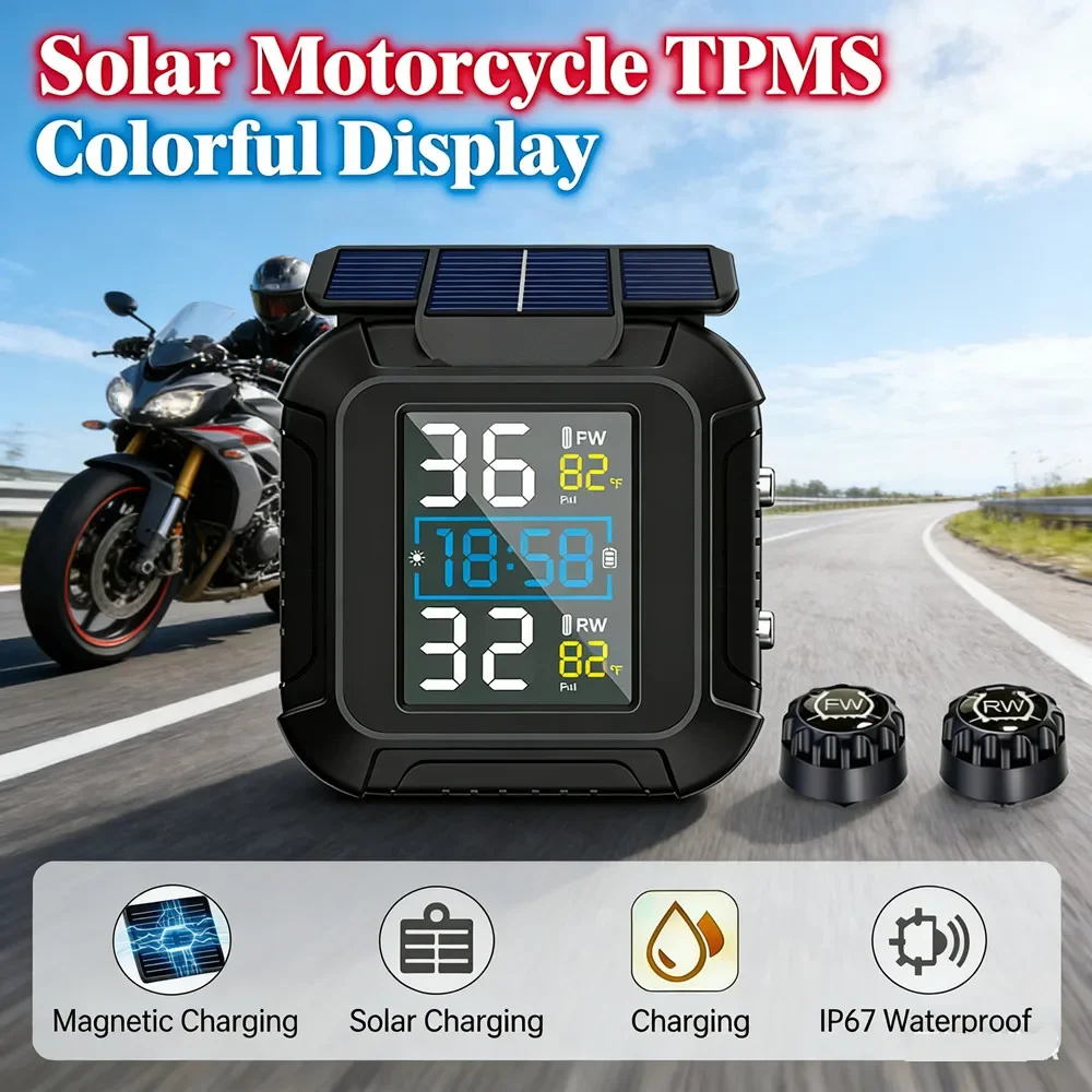 

Motorcycle TPMS Solar Power Tire Pressure Monitor Real Time Tire Pressure Monitoring System Temperature Sensor Alarm System