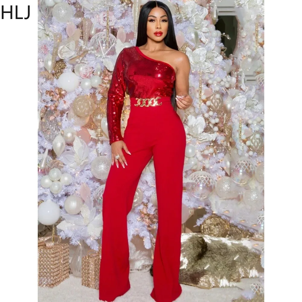 

HLJ Fashion Sequin One Shoulder Patchwork Party Club Jumpsuits Women Solid Color Straight Playsuits Female Party Club Overalls