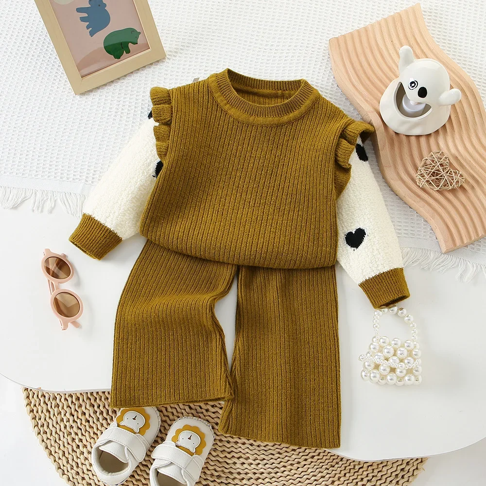 Children's Clothing Sets Love Lace Knit Top + Wide-leg Pants 2pcs Sets Knit Sweater Kids Winter Clothes Baby Girl Outfit Set