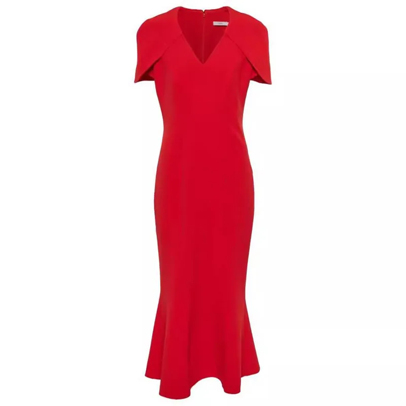 Mode V-hals Zeemeermin Jurken Nieuw Ontwerp Dames Rode Effen Damesjurk