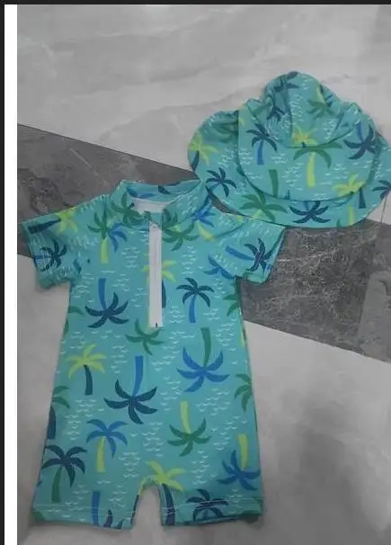 

Купальник для маленьких девочек с рисунком кокосовой пальмы, с короткими рукавами, на половину молнии, без катышков, купальный костюм, комплект шляп от солнца