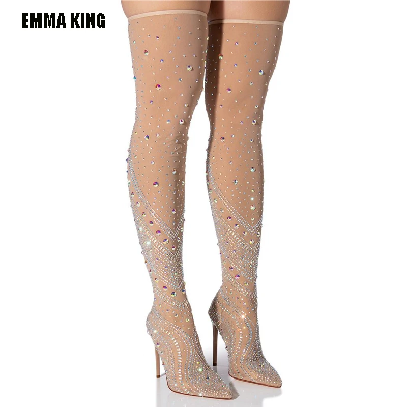 2023 Nude Lady Over The Knee Boots Rhinestone Crystal Bling Thight Boots High Heel Shoes Women Sock Elastic Party Shoes 44