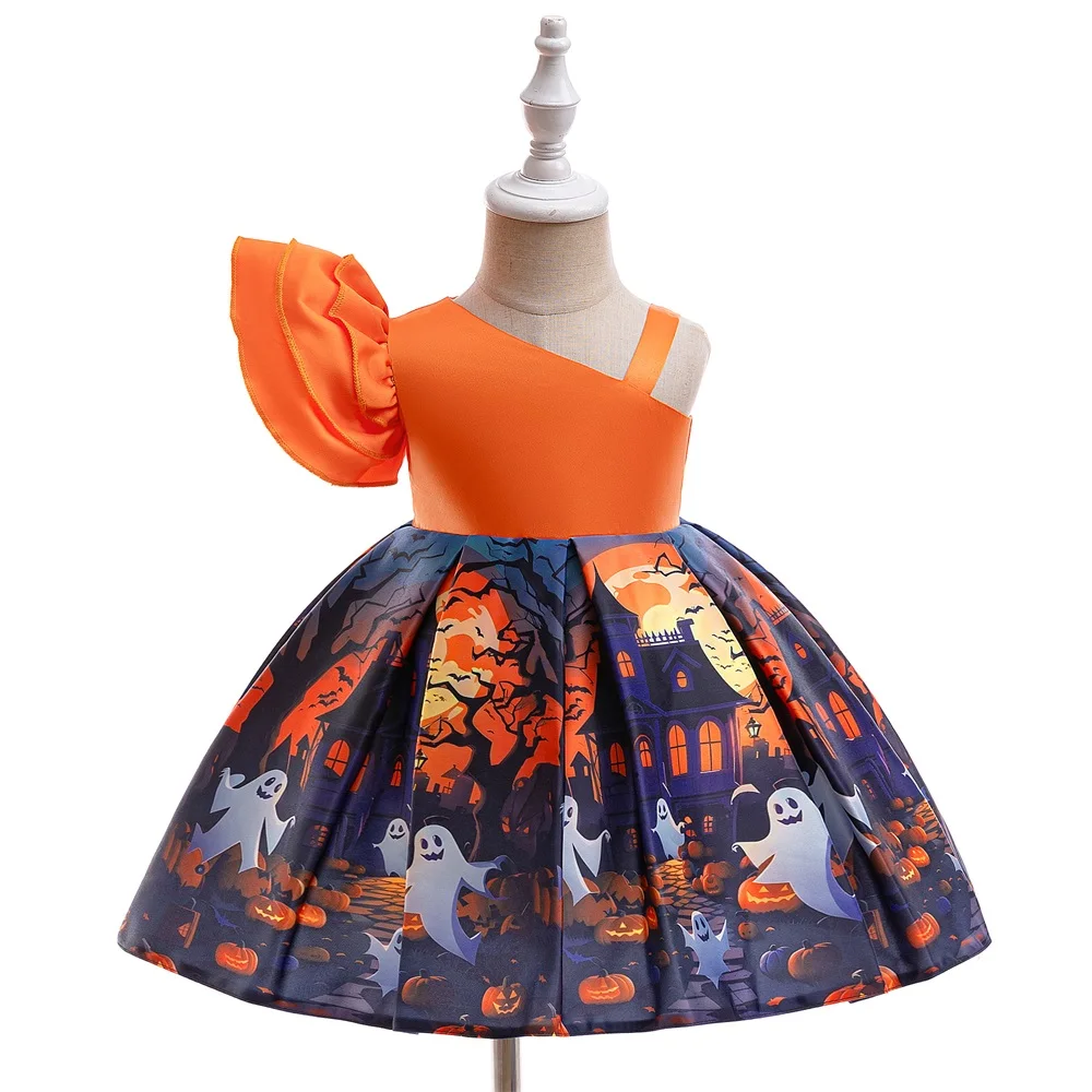 Baby Girls Orange Pumpkin Halloween Party Dress Kids Ghost Print All Saints Dresses Girl Fashion Feastival Clothes Carnival Gown