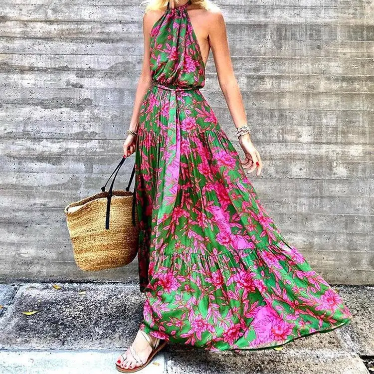 Verano 2023 Sexy Bal estampado Floral Dr Hanging Ne ropa transfronteriza de mujer falda acampanada de cintura media sin Sve