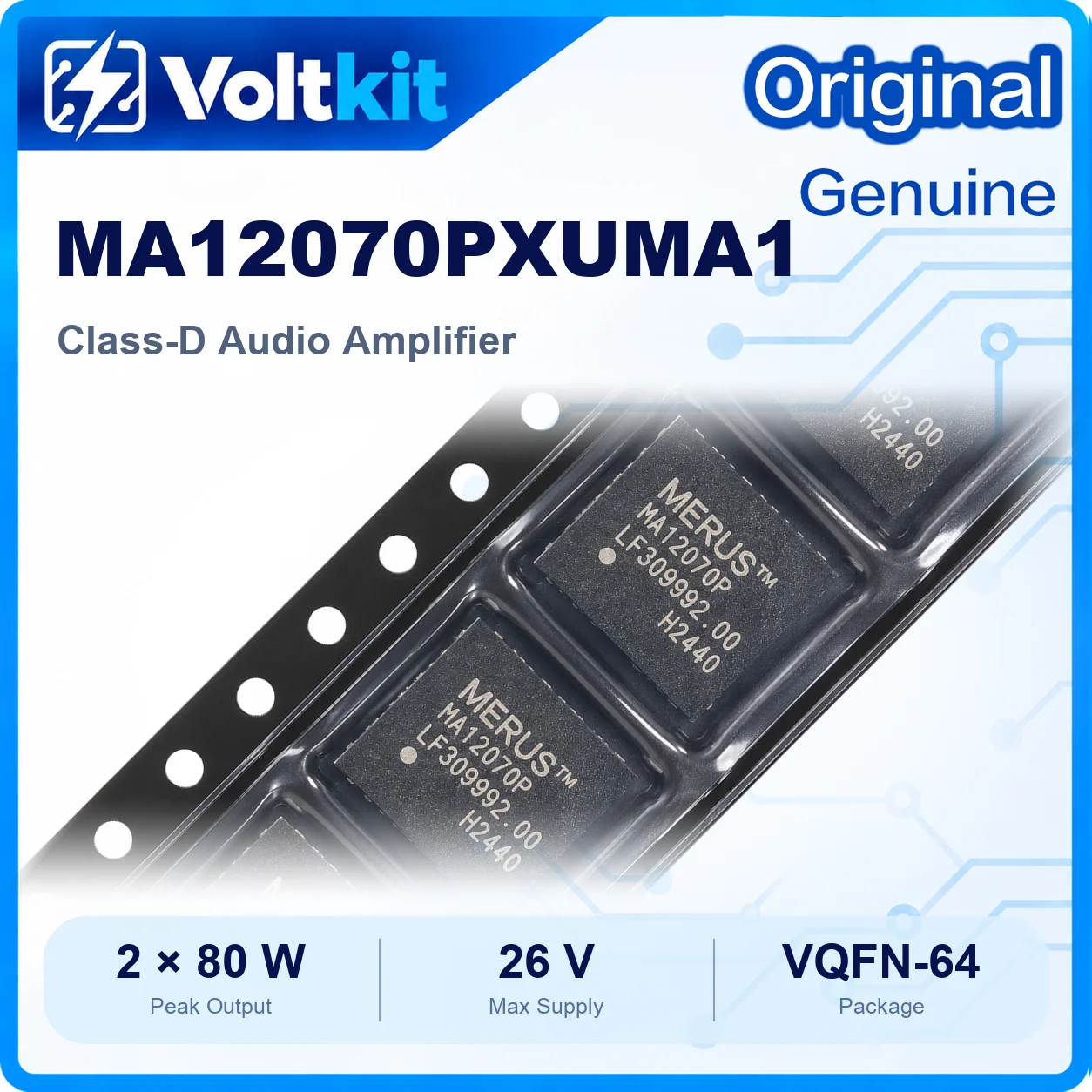1PCS MA12070P MA12070 QFN-64 Multilevel Class D Audio Amplifier IC 2x80W I2S Digital Input 4V-26V Infineon