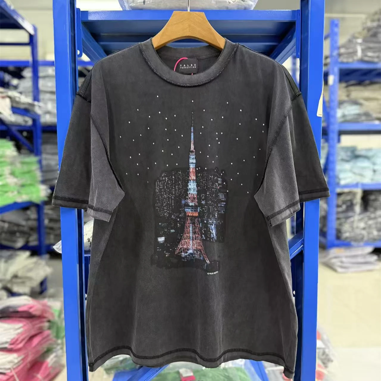 Water Drilling Tokyo Tower Starry Sky Graffiti Washed Vintage T-Shirts Men Women High Quality Tee T Shirt