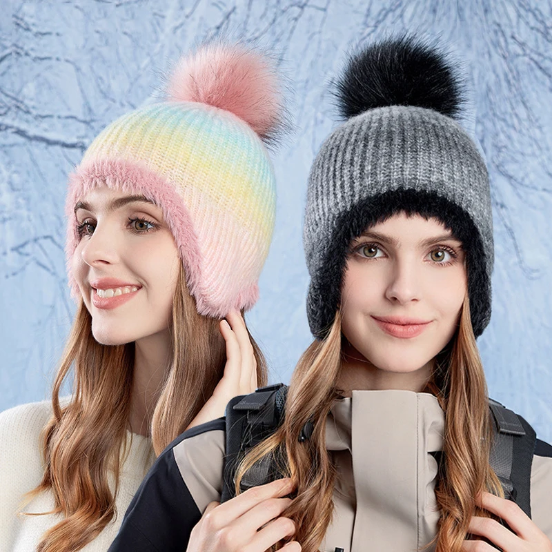 

Winter Plush Hat for Women Gradient Color Girl's Fashional Design Cozy Knitted Beanie Hat Warm Ear Protection for Outdoor Sports