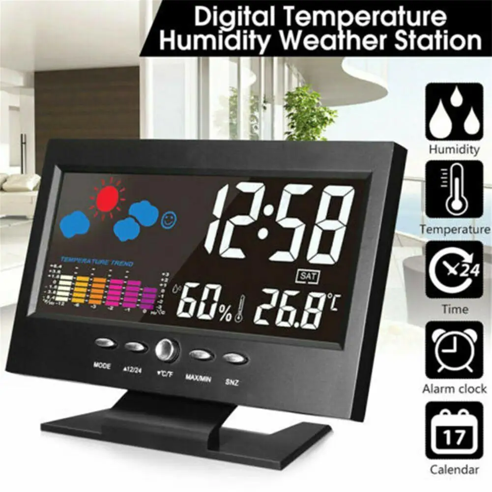 Calendar Weather Display LED Digital Alarm Clock Backlight Snooze Temperature Humidity Monitor Table Desktop Electronic Clocks