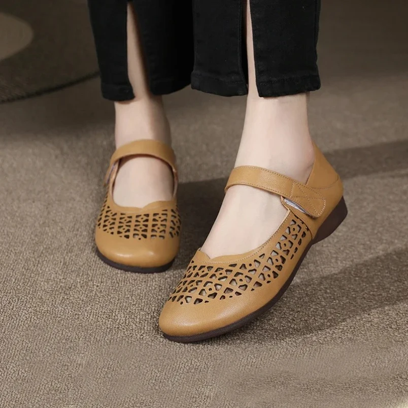 

2025 г., женские сандалии в стиле ретро, женские туфли на плоской подошве из натуральной кожи, летняя обувь на мягкой подошве, нескользящая полая обувь