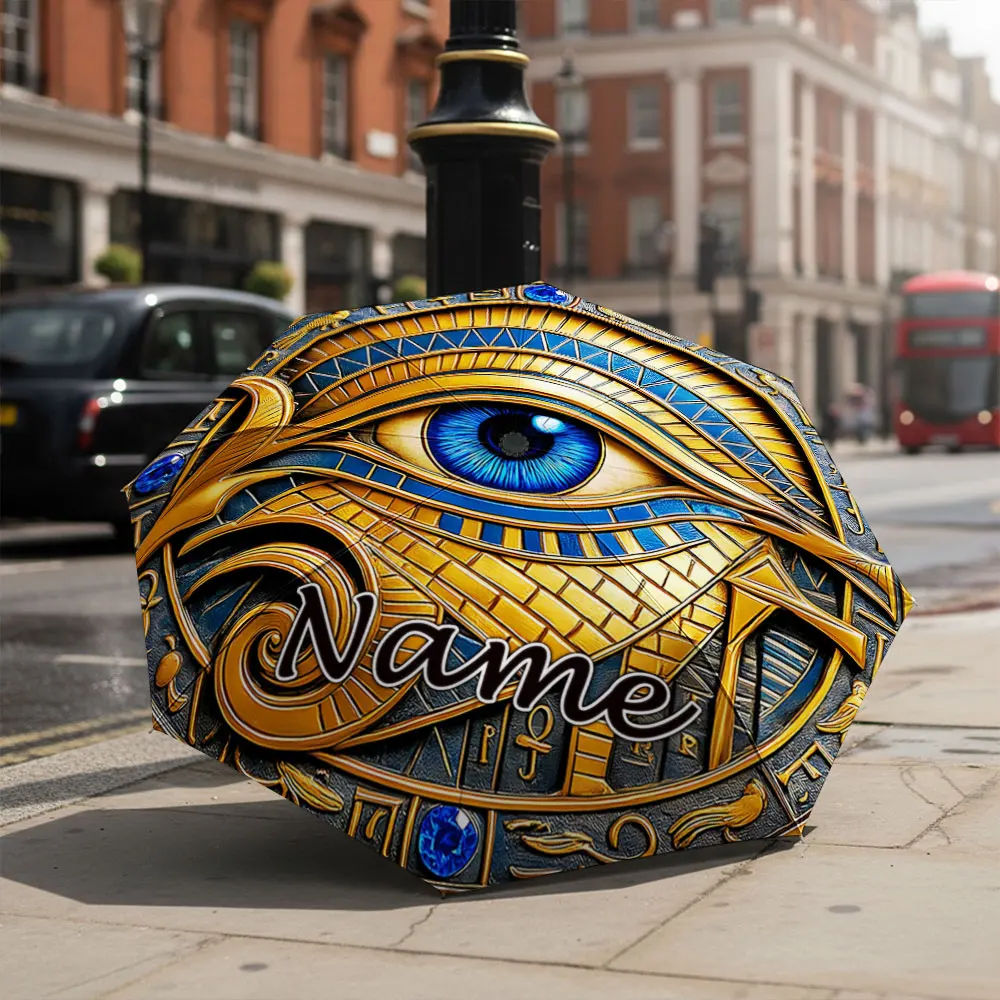 Custom Name Umbrella Egyptian Eye Of Horus Ancient Hieroglyph Golden Ornament Print Folding Umbrella, Portable Travel Parasol