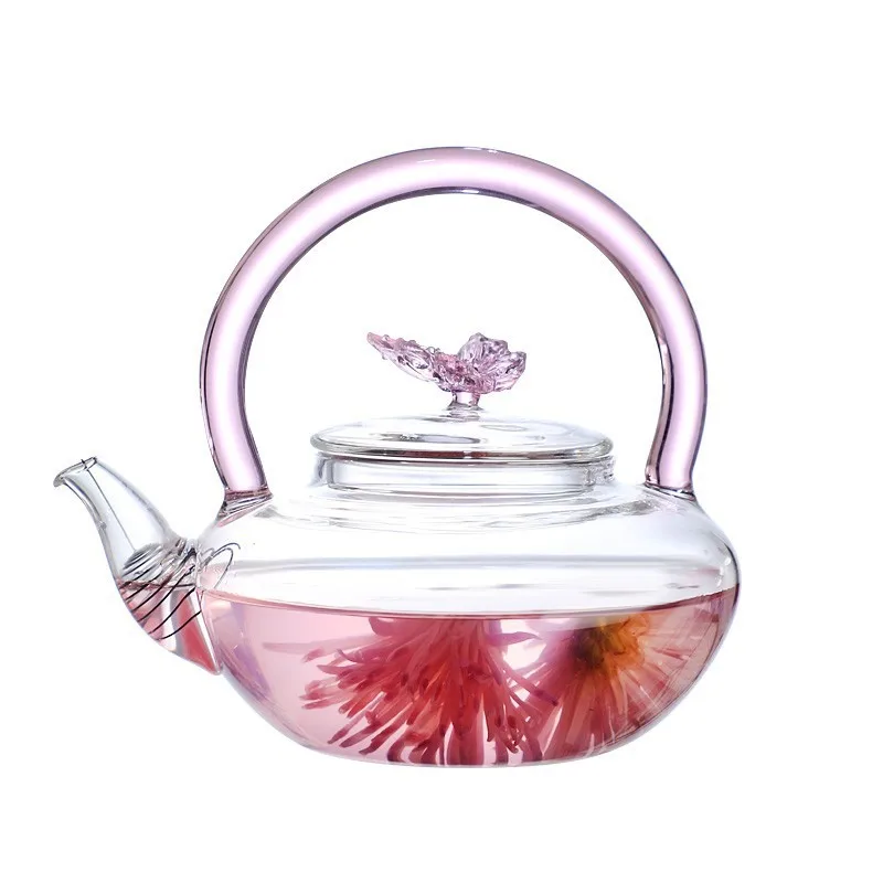 Pink Butterfly High Temperature Tea Pot High Borosilicate Transparent Glass Beam Pot Electric Clay Stove Tea Kettle Tea Cup