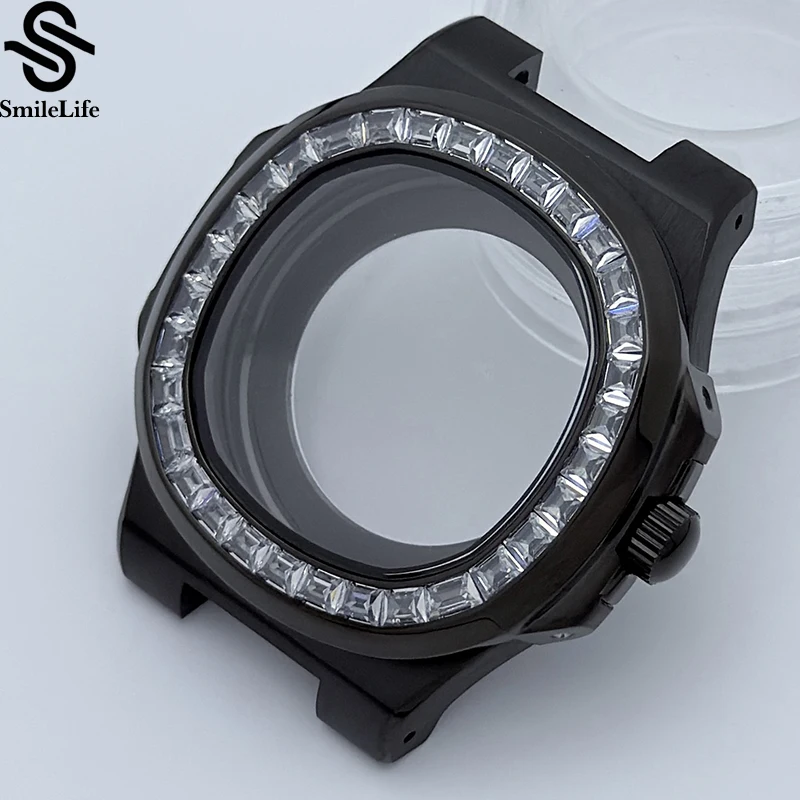 SmileLife Novos acessórios de relógio caixa de 41 mm com diamantes PP Nautilus caixa preta + pulseira com movimento NH35/NH36 para mostrador de 30,5 mm