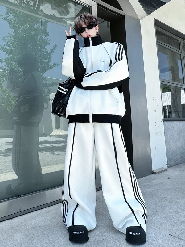 

Fall Season Zipper oulder Sve Open Cardigan Breathable Splice Two-Piece Set Couple Hoodies American High Street Sle