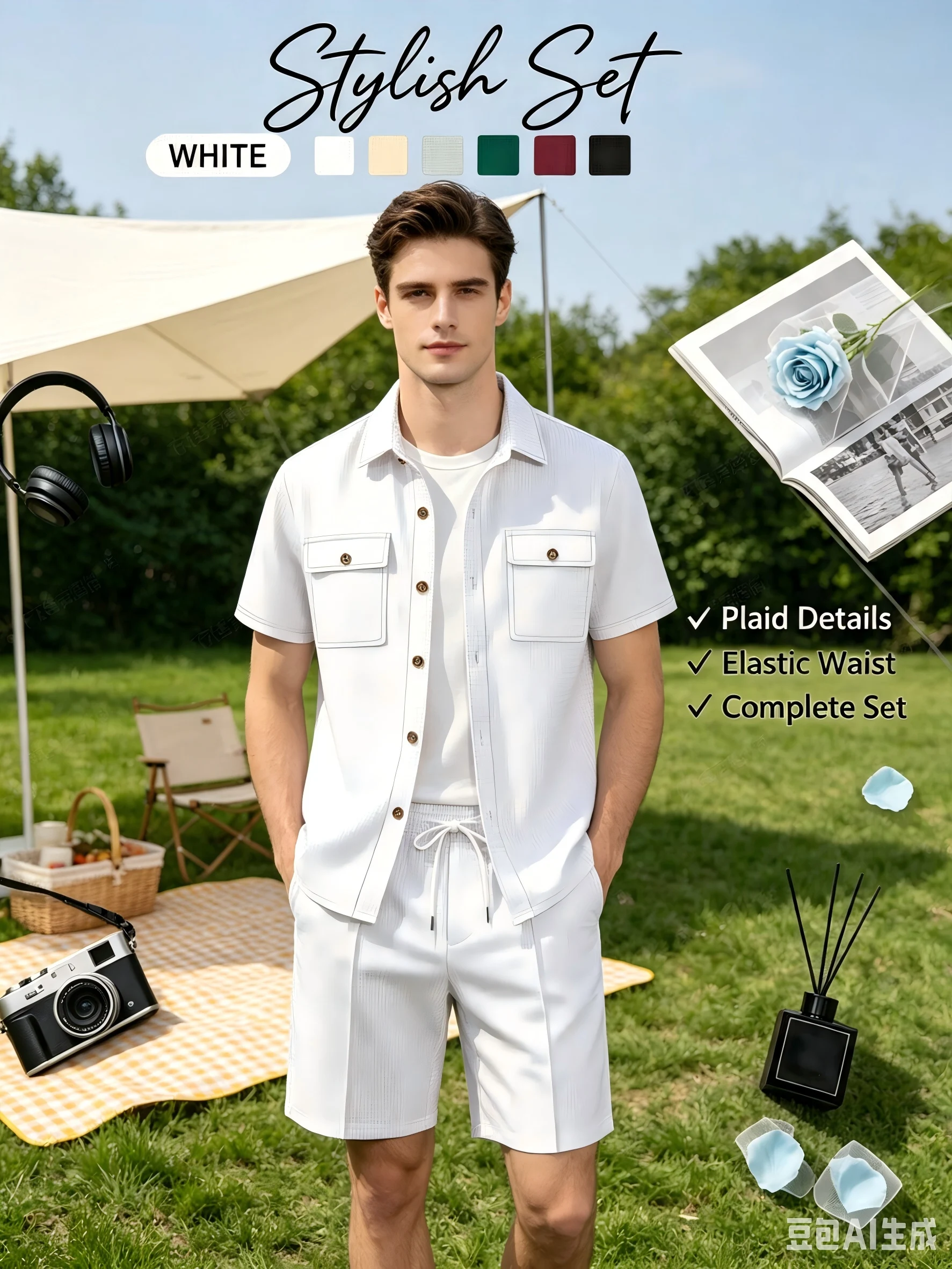 Men'sSummer Waffle Textured 3-in-1 Outfit Set Lapel Short Sleeve Shirt with Long Pants and Shorts Daily Casual Two-Way Wear Suit - view 5