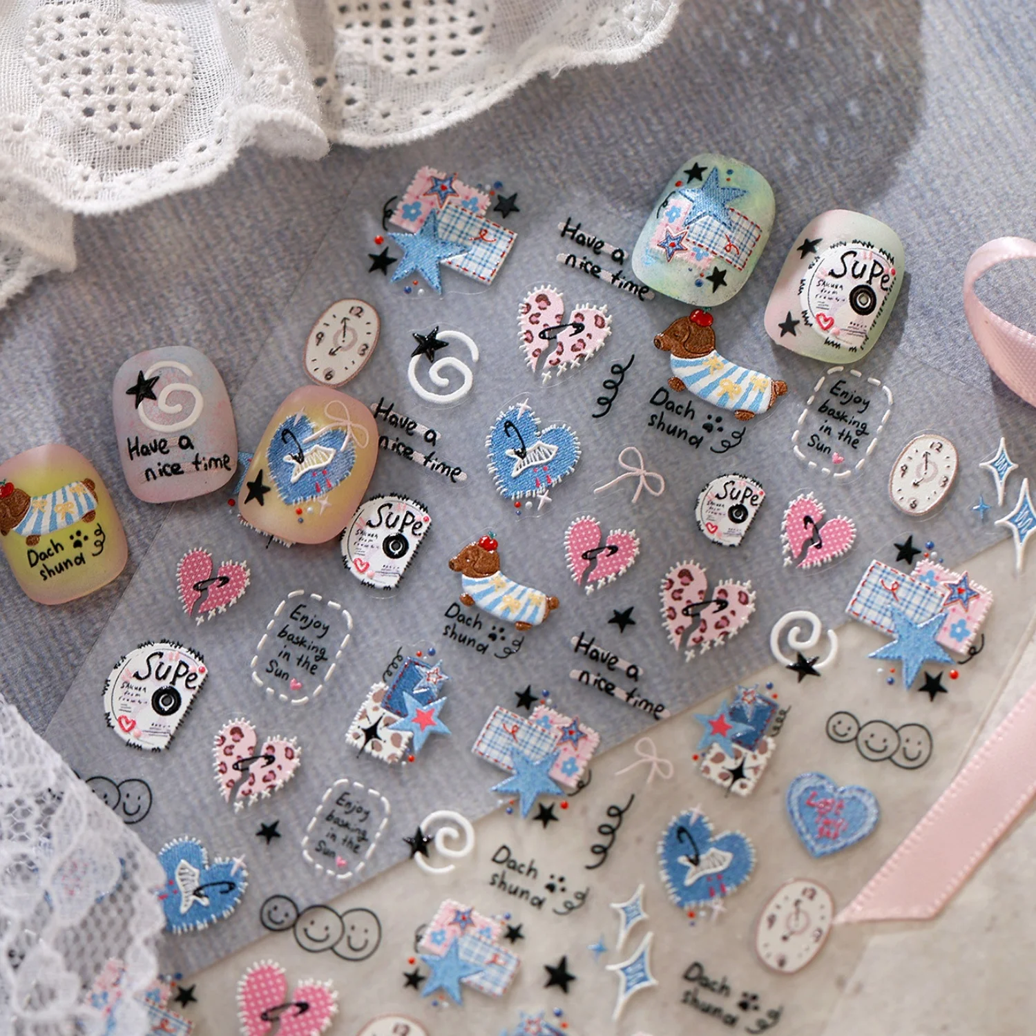 Cute Retro Dachshund Dog 5D Nail Art Stickers Puppy Blue Tone Plaid Star Heart Clock Self‑Adhesive Nail Decals Nail Manicure