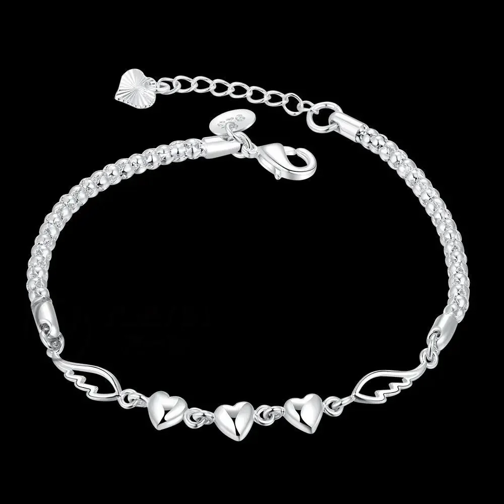 925 Sterling Silver Double Angel Wings Heart Charm Bracelets For Women Fashion Crystal Sterling-silver-jewelry Pulseira Feminina