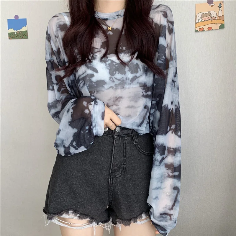 Tie-Dye Sun Protection Clothing Mesh Long Sleeve T-shirts Women Sexy Y2K Beach Tops Vintage Tees Cheap Clothes Woman Tshirts