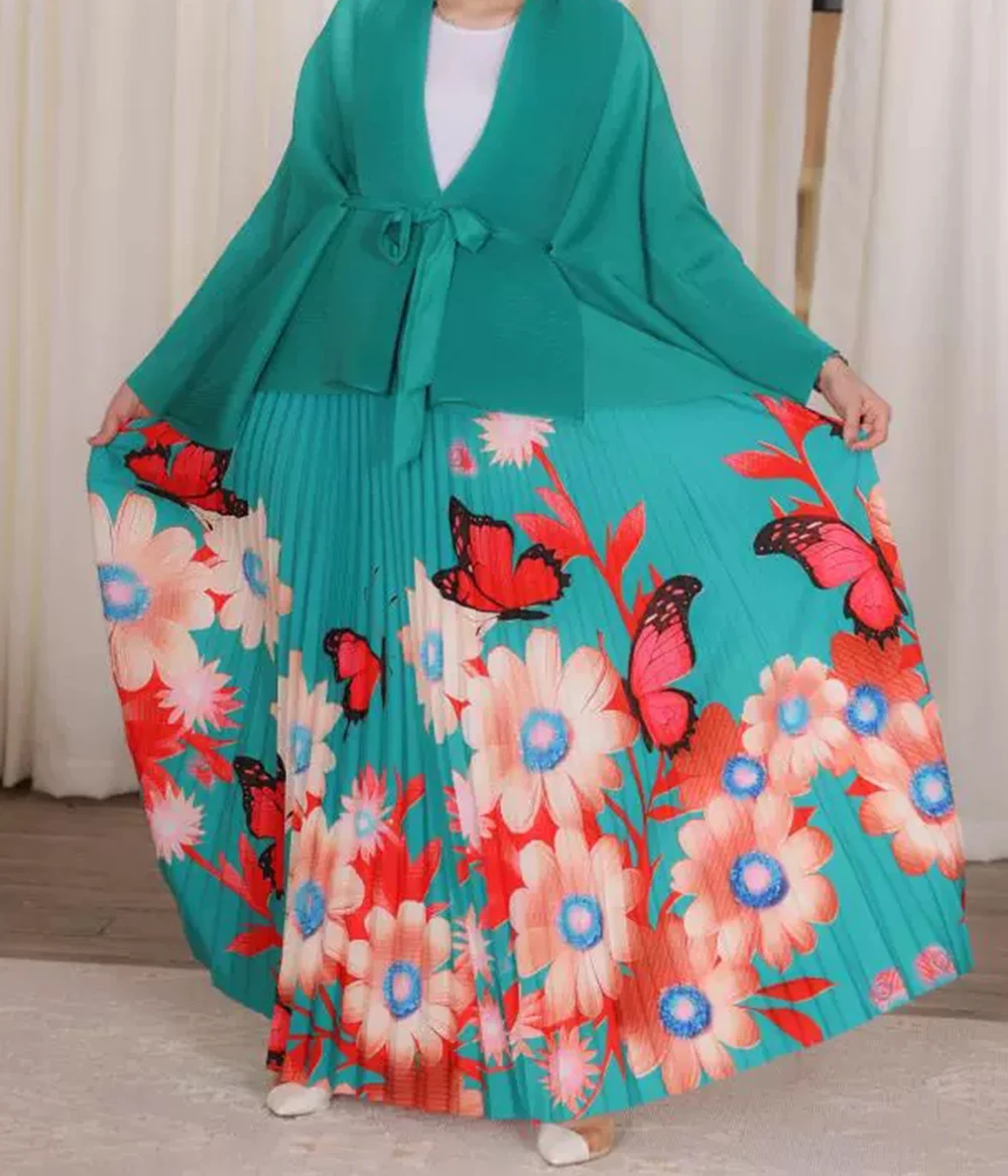 Naher Osten plus Größe Damen High-End zweiteiliger Rock Faltenstrickjacke bedruckter Rock Mode Faltenrock-GZXX1024