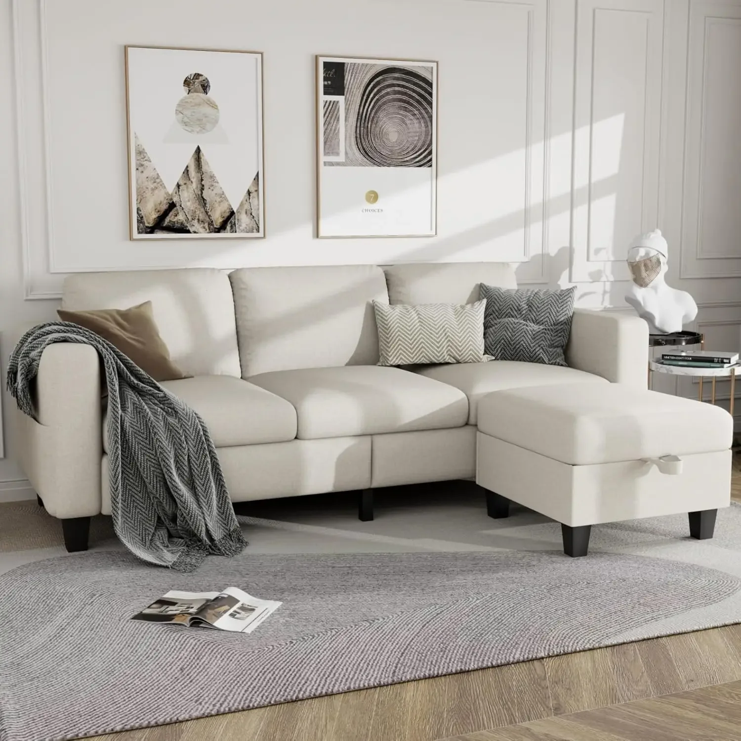 Living Room - Sectional Sofa L Shaped Cloud Couch-Small Modular 3 Seat-Comfy Linen with Storage Deep Seat Sofa