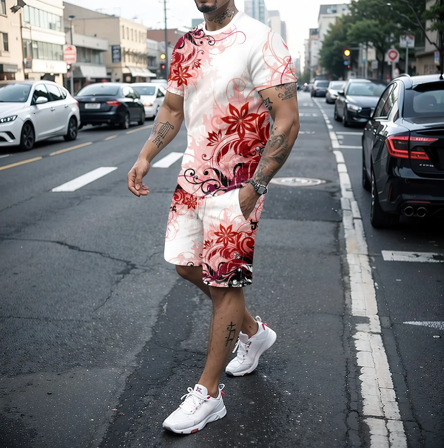 

Комплект из двух предметов мужской с футболкой, модные креативные повседневные шорты с 3D-принтом черепа и коротким рукавом, комплект из двух предметов, на лето