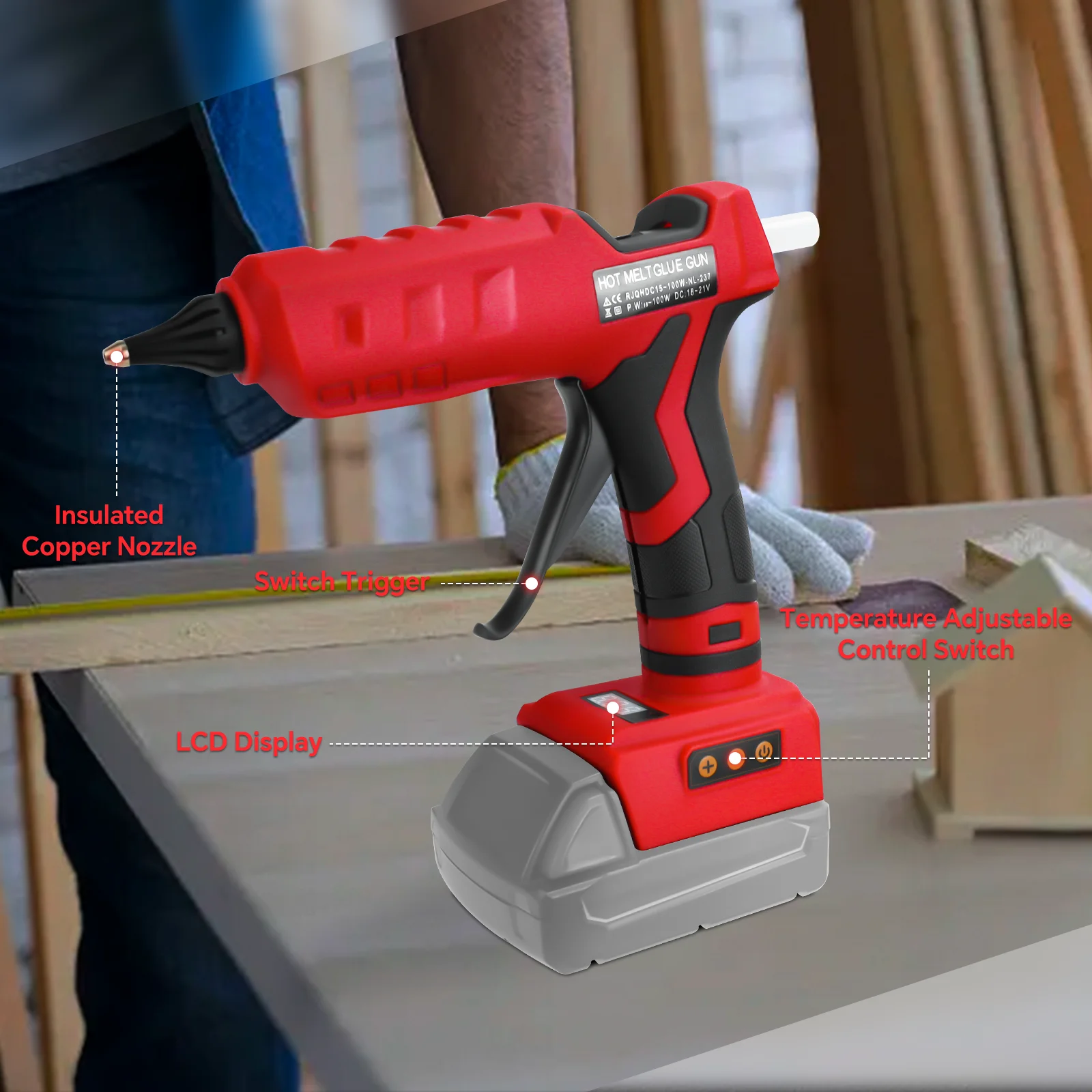 100W Cordless Hot Glue Gun 100°C-200°C Temp Adjust LCD Digital Display with 10Pcs 11mm Glue Sticks for Milwaukee 18V Battery