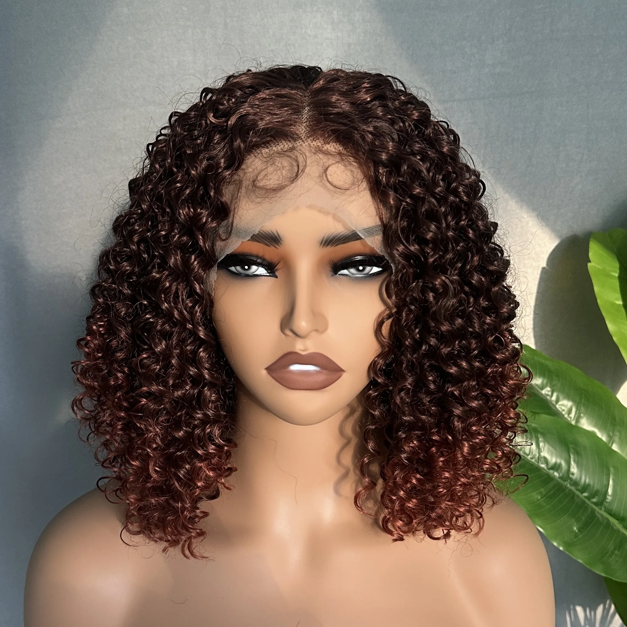 X-TRESS Brown Ombre Red Wig Middle Part Short Afro Kinkly Curly Soft Natural Synthetic Glueless Wig With Bangs for Black Women