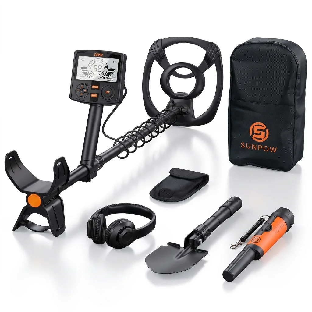 SUNPOW Professional Metal Detector Kit with Handheld Pinpointer for Adults, 5 Operating Modes, IP68 Waterproof 12 Inch Search Coil, Backlit LCD & Telescopic Adjustable Shaft, Up to 10 Inch Detection Depth for Beach Forest Outdoor Treasure Hunting