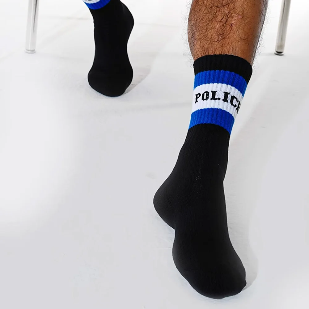 Socks Control Men's Black POLICE Letter Sports Socks Medium Tall Fitness Towel Sole Cotton Socks