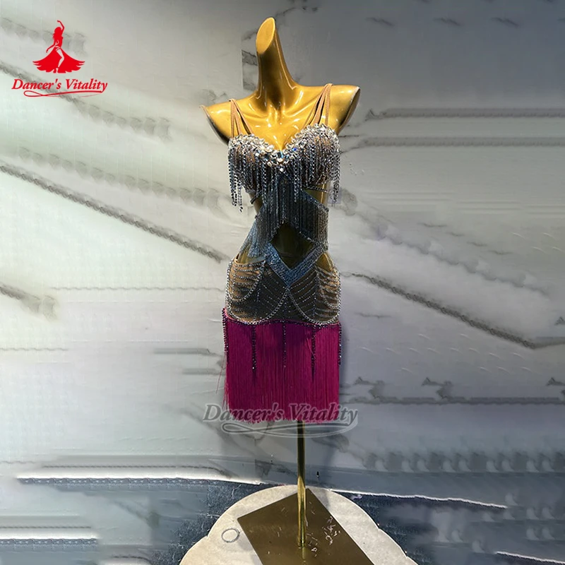 

Luxury AB Stones Chacha Samba Sleeveless Sling Tassels Dress Adult Latin Dance Contest Clothing Customized Dancer's Vitality
