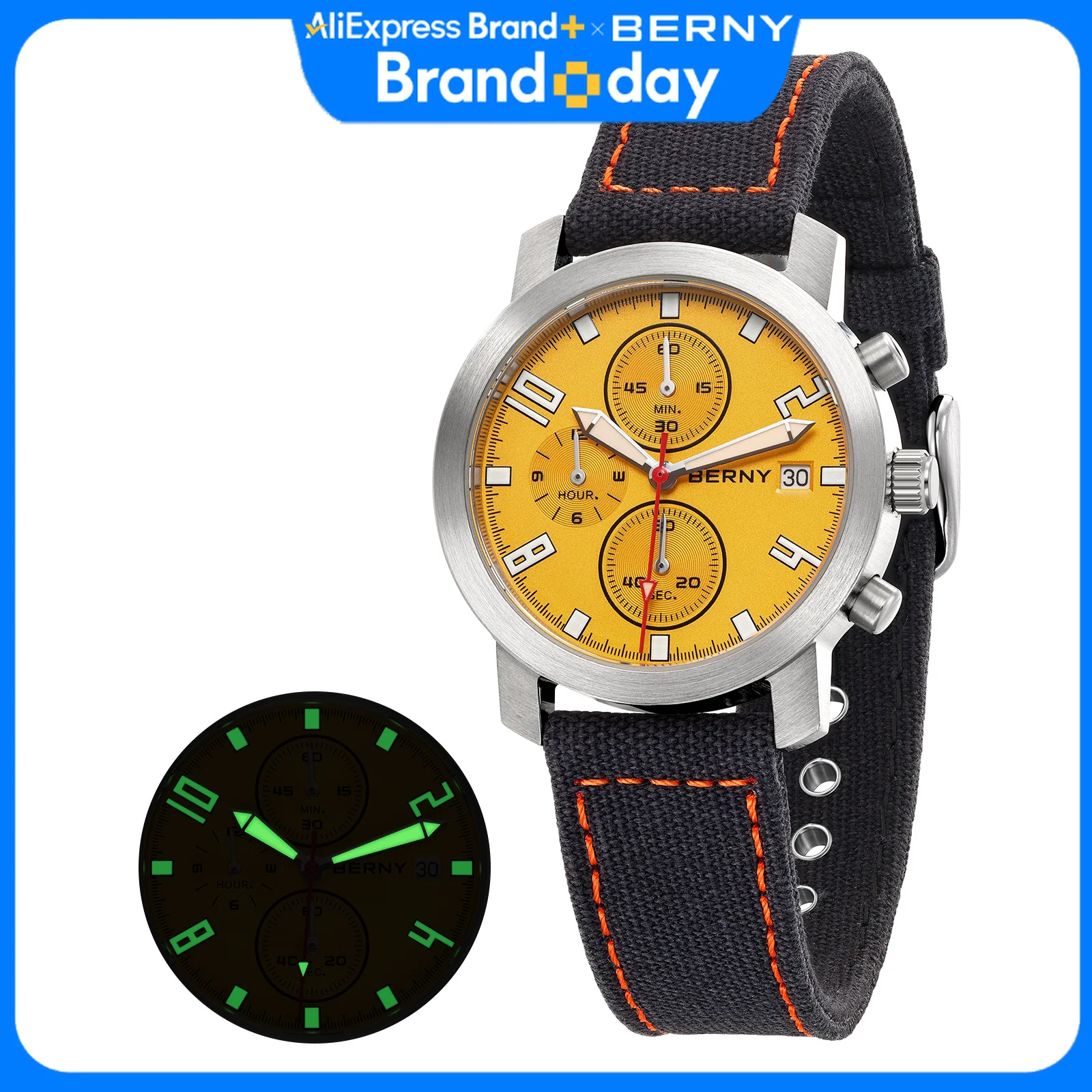 BERNY Chronograph Watches for Men Green Luminous Small Dial Multifunction Lightweight Men's Watch Sapphire 5ATM Waterproof