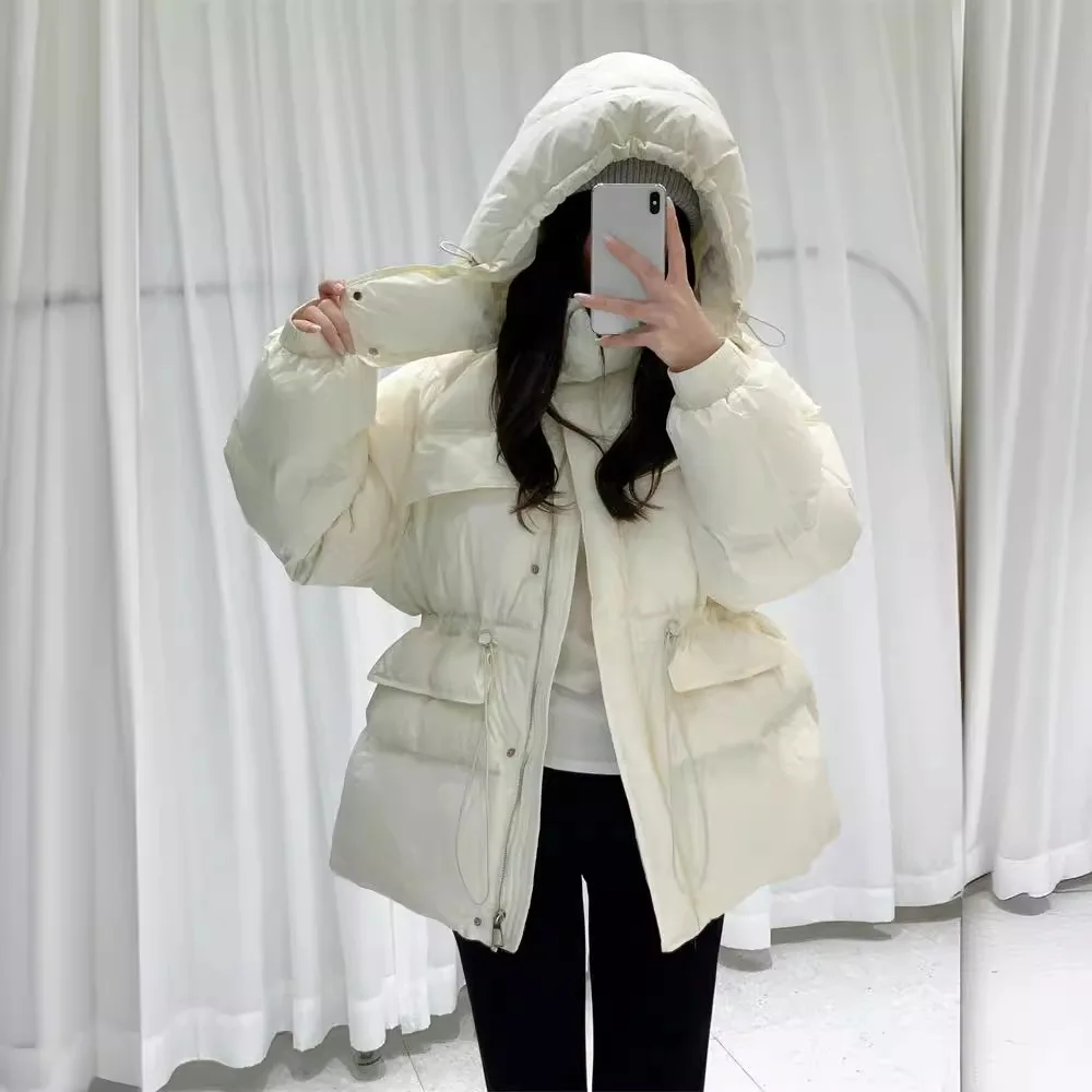 سترة نسائية عالية الخصر مع قلنسوة سترات ضيقة شتوية دافئة متوسطة الطول معاطف منتفخة على شكل بطة بيضاء ملابس خارجية معطف سميك جديد