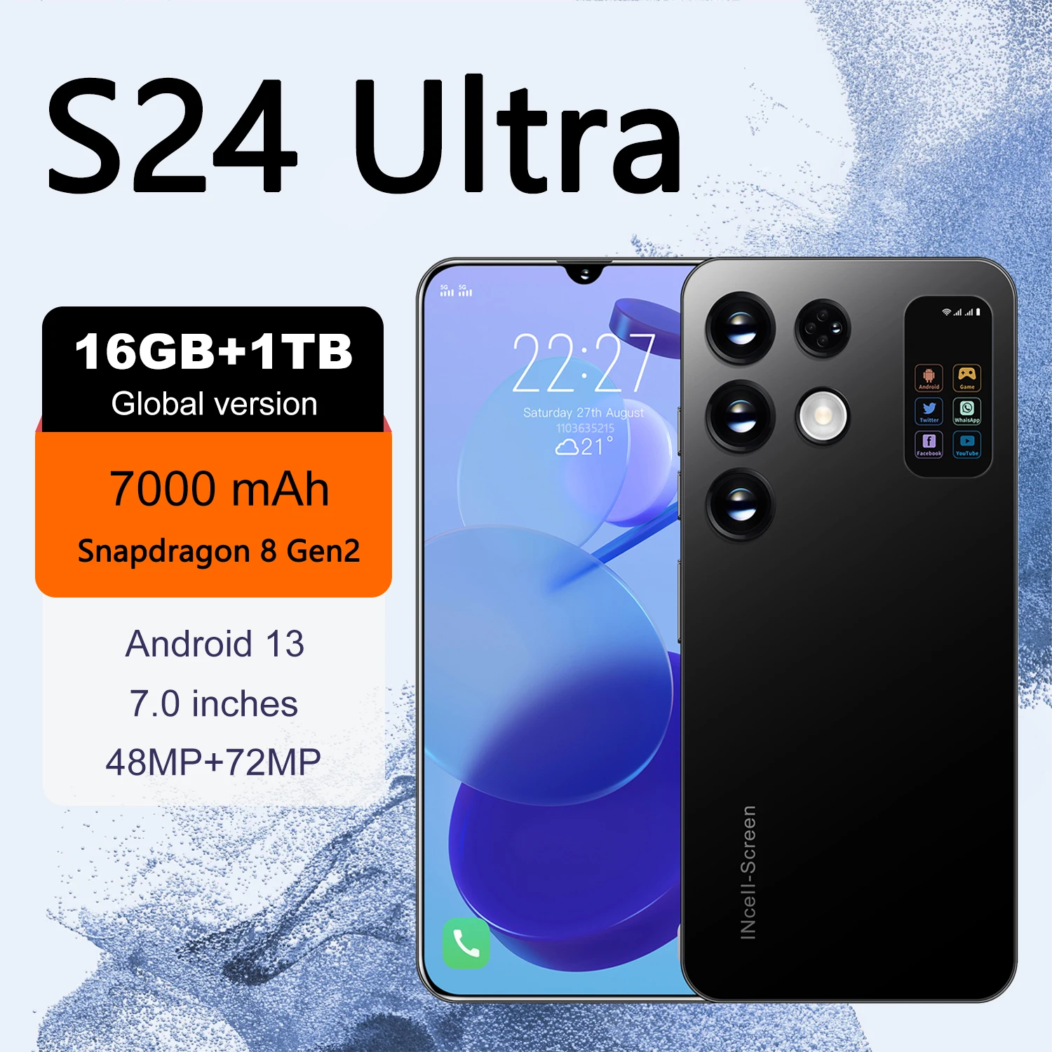 New S24 Ultra Smartphone, 7.0 inch, 16GB+1TB, Global Edition, 7000mAh, 4G/5G Networks, 48MP+72MP, Android 13 Fast Shipping