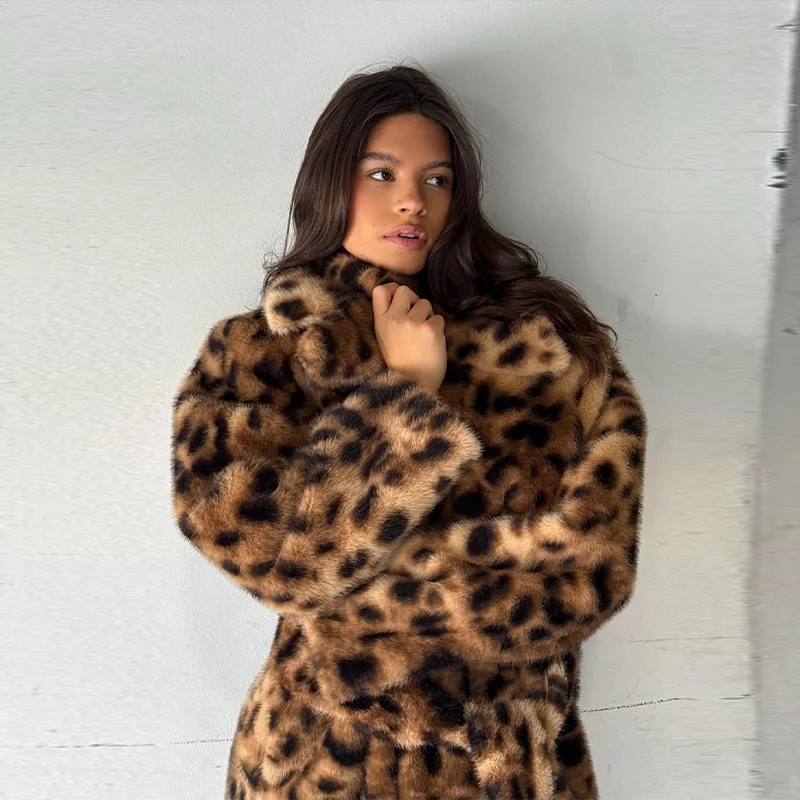 

Women's Leopard Print Tethered Waist Belt Coat Lapel Long Sleeves Warm Clothes Commuter Coat 2025 Women's New Fashion Clothes