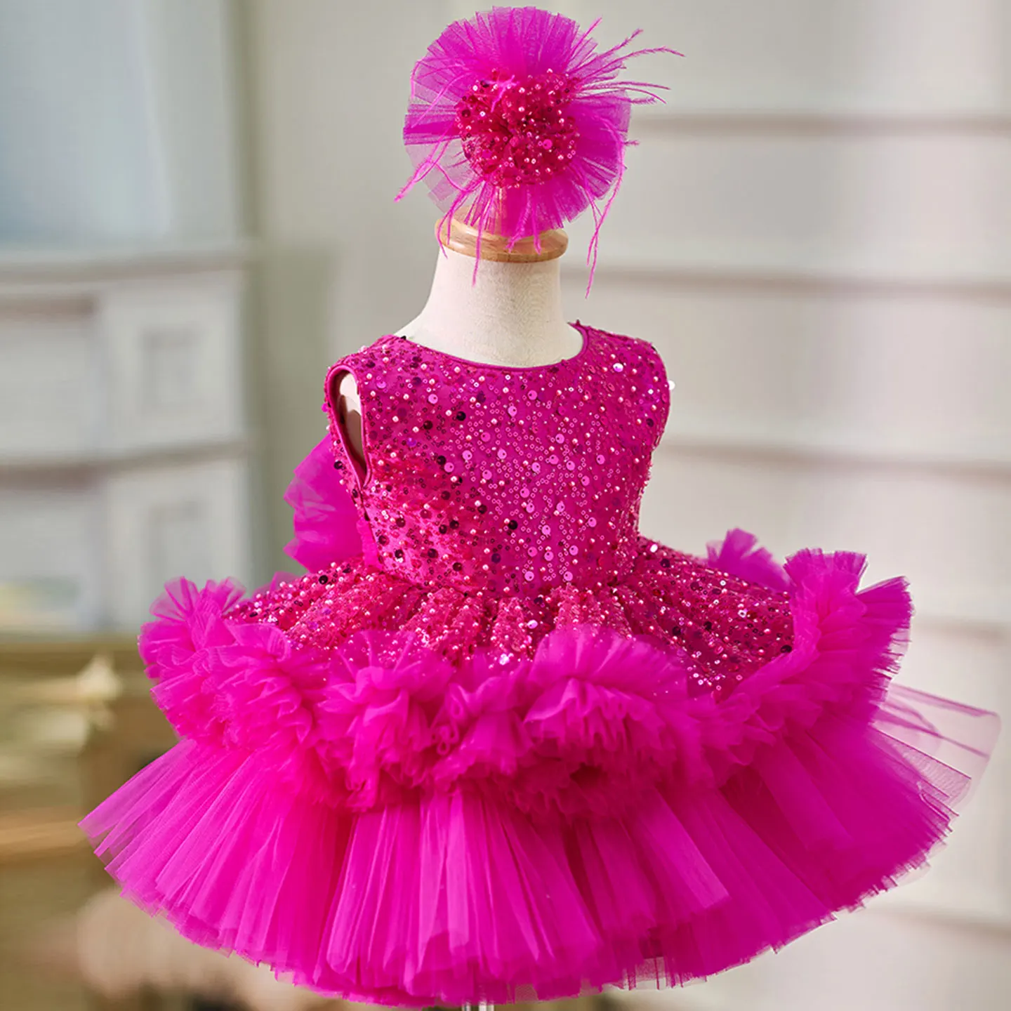 Jill Wish Elegant Fuchsia Baby Beading Lace Flower Girl Dress with Bow Knee Length Princess Wedding Birthday Party Gown J049