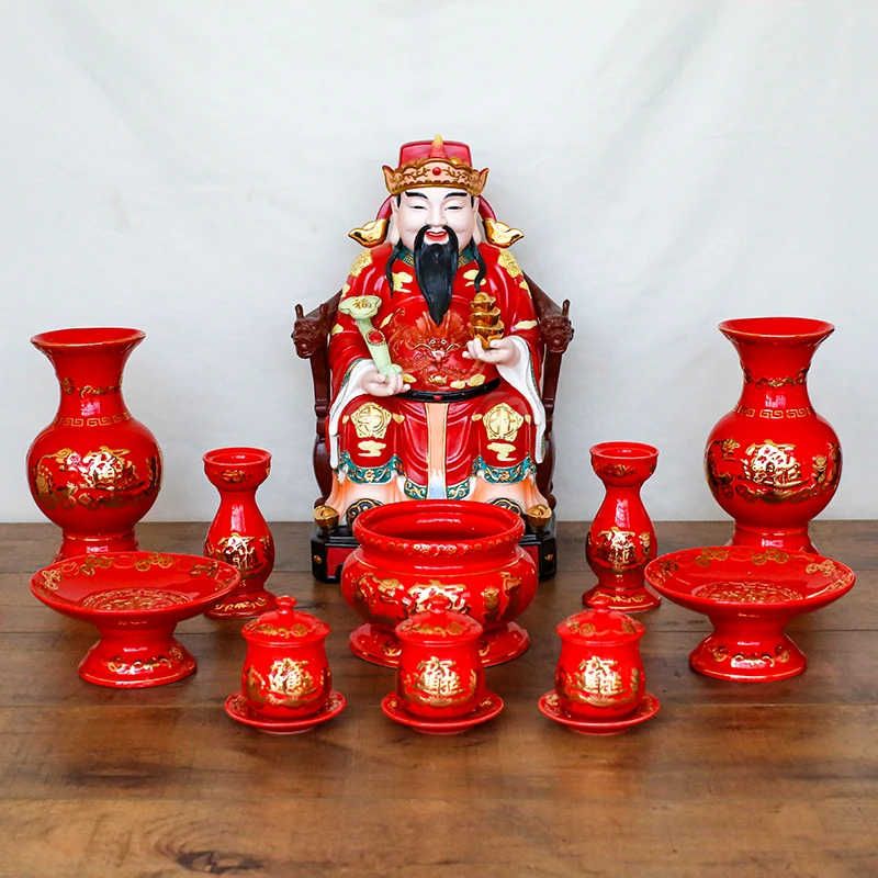 Chinese Buddha Hall Worship Ceramics Holy Water Cup Clean Bottle Tall Feet Tribute Plate Incense Candlestick Crafts