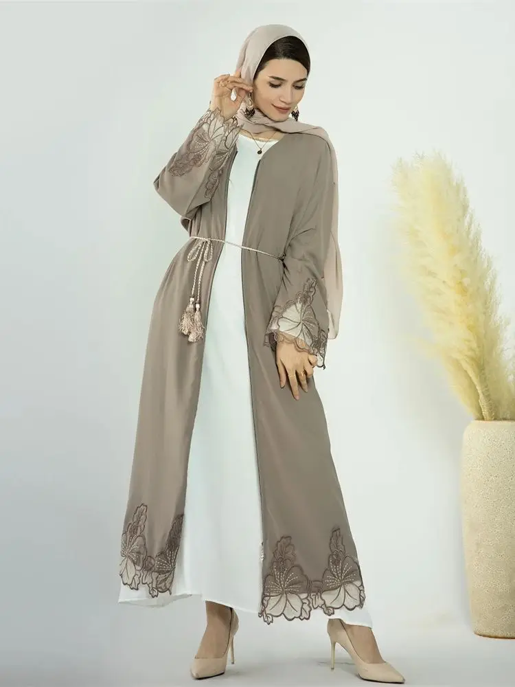 Zipper Open Or Close Lace Embroidery Modest Kimono Abaya Dubai Luxury Kaftan Muslim Dress Islam For Women Caftan Robe Musulmane