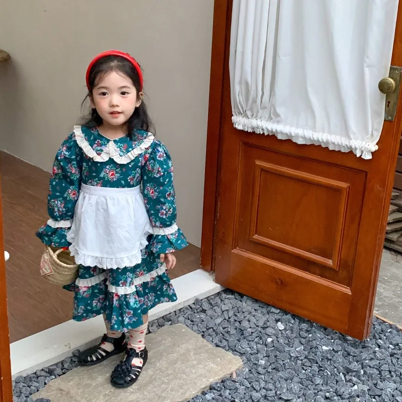 

Korean Children's Dress Spring and Autumn New Bohemian Dress Children's Lace Trim Collar Dress Floral Girl's Long Dress