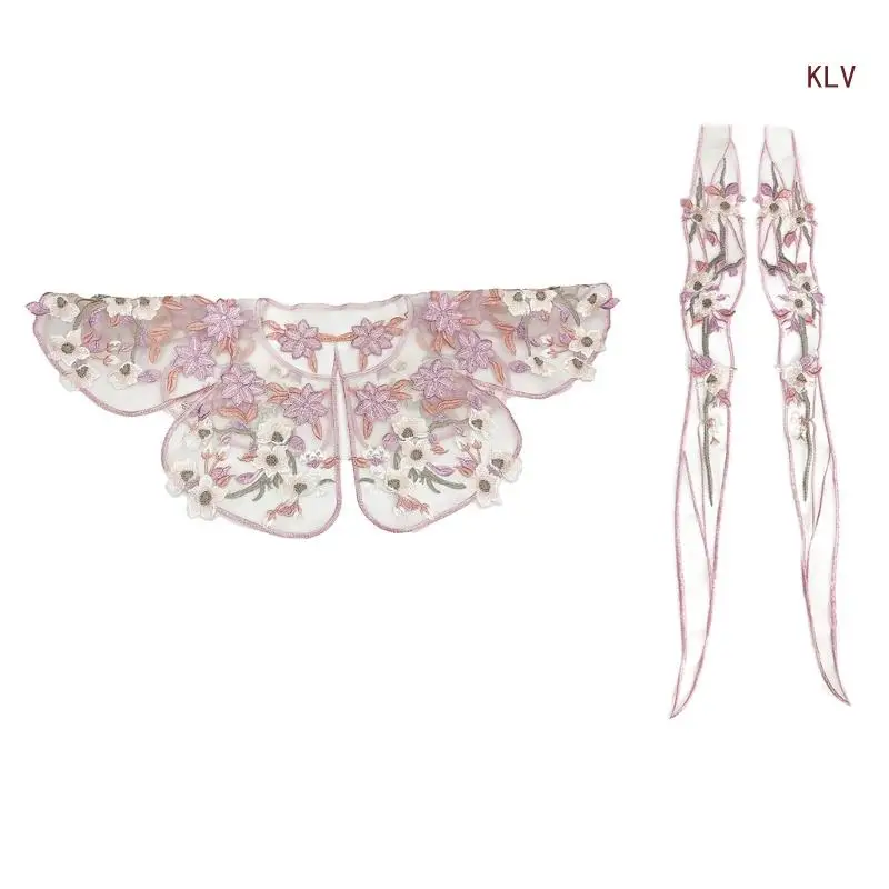 

Floral Studded Shawl Collar Elegant Sweet False Collar Detachable for Lady Delicate Embroidered Collar Studded Floral