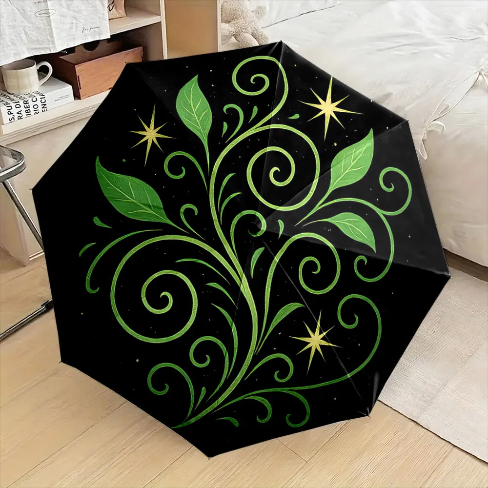 "Elegant Green Vine and Star Pattern Umbrella Design" Compact Fashion Folding Umbrella for Daily Use, Christmas Gift