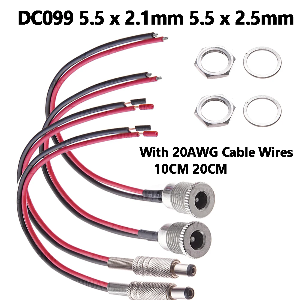 1PCS DC099 5.5x2.1mm 5.5 DC Power Socket Threaded Female Connector Adapter With 20AWG Cable Wires DC-099 10CM 20CM 5.5x2.1/2.5