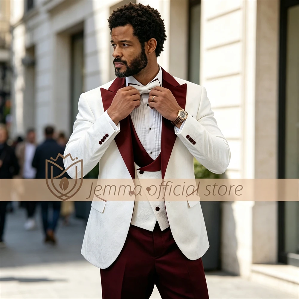 

Men's 3-Piece Jacquard Tuxedo Suit with Red Satin Shawl Lapel, for Grooms & Weddings