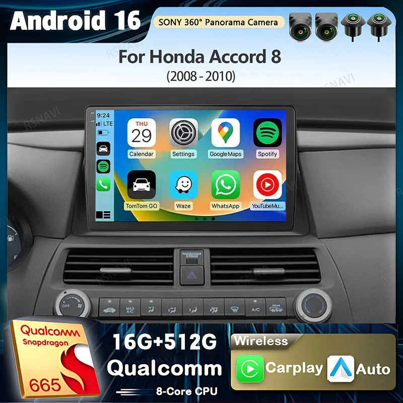 Android 16 para Honda Accord 8 2008 2009 2010 Reproductor Multimedia para Auto, Navegación, Unidad Principal, GPS, Autoradio, Audio, Carplay, Android Auto