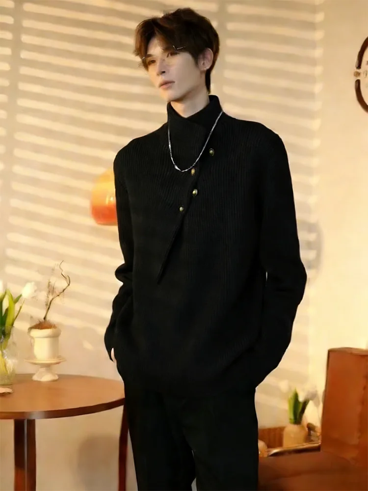 

Loose Fit High Collar Knitted Sweater Men's Winter Casual Inner Wear Bla Irregular Pattern Base Layer irt Cleanfit Sle