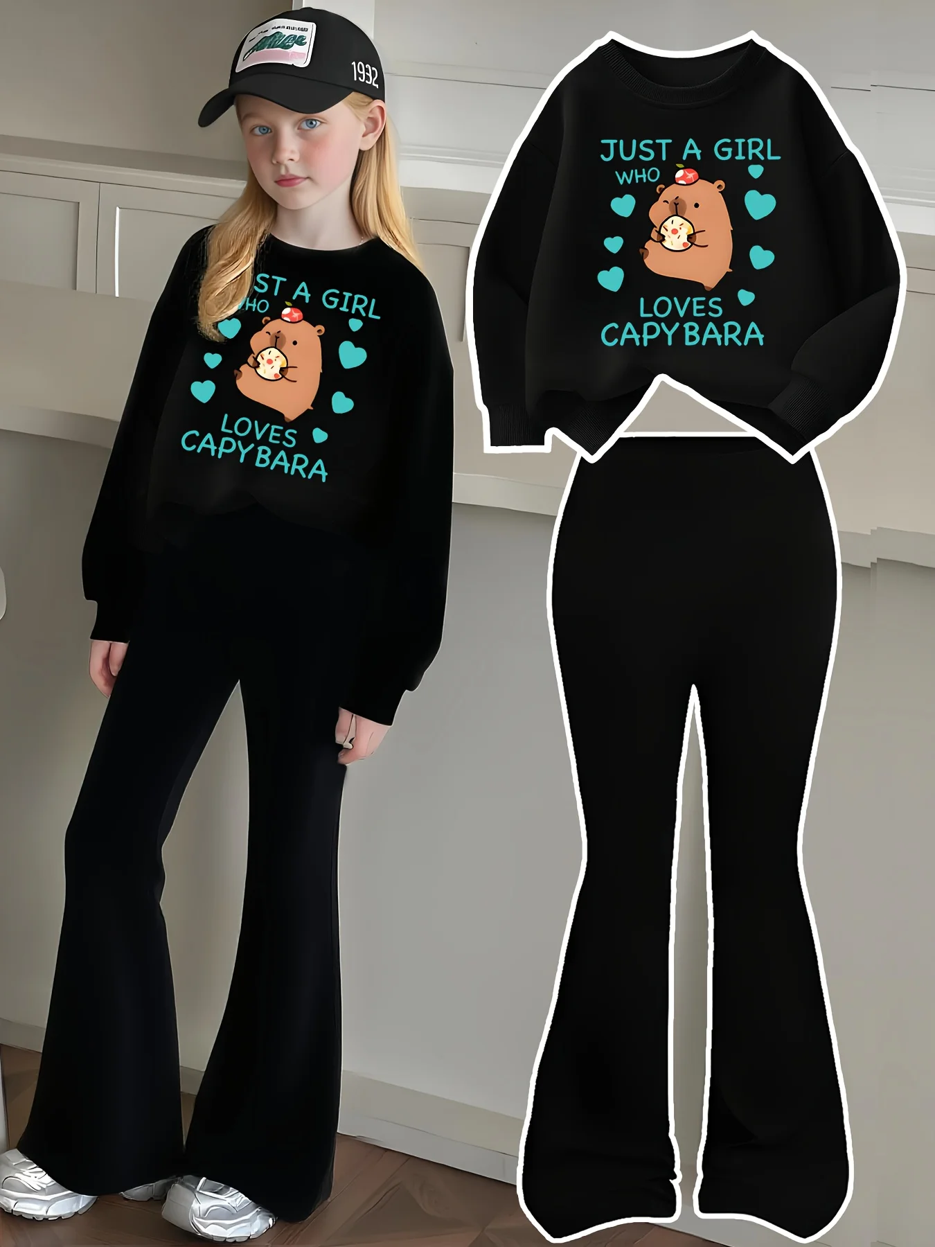 Herbstliches Freizeit-Outfit-Set für Mädchen: Kinder-Sweatshirt-Set, Langarm-Sweatshirt + Schlaghose, zweiteiliges Set mit Capybara- und englischen Aufdrucken, geeignet für Mädchen im Alter von 4-12 Jahren, für Zuhause und Outdoor-Aktivitäten. – Detail 2