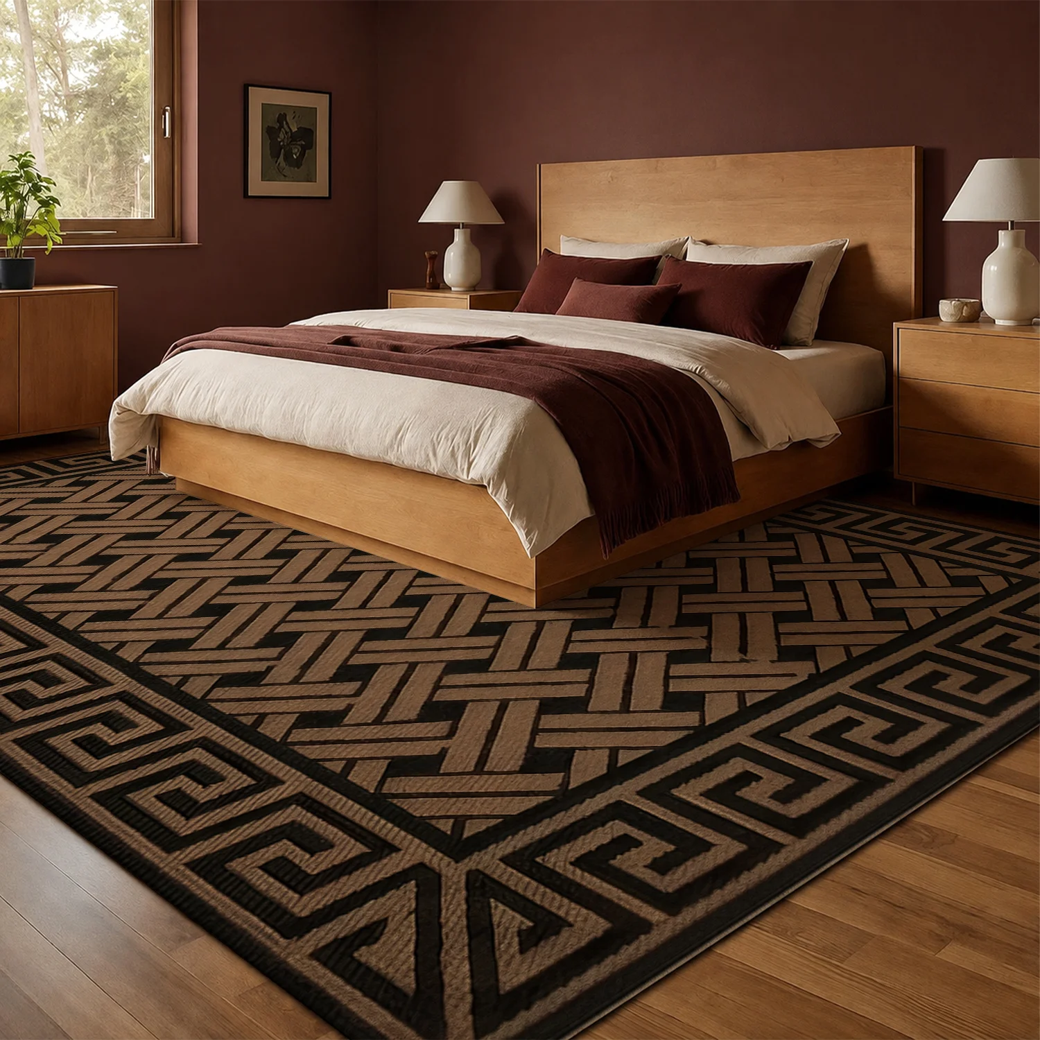 Large Indoor Area Rug, Soft Velvet Low Pile with Non-Slip Dotted Backing, Machine Washable Tan & Black Geometric Greek Key Woven Rug for Living Room, Bedroom, Entryway, Modern Home Decor