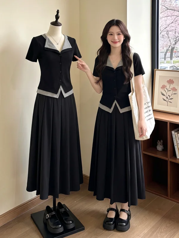 

plus Size Women's Summer Fashion Slimming Short Sleeve Set Pear Shape Fake Two-Piece Short Dress Casual Commute Style