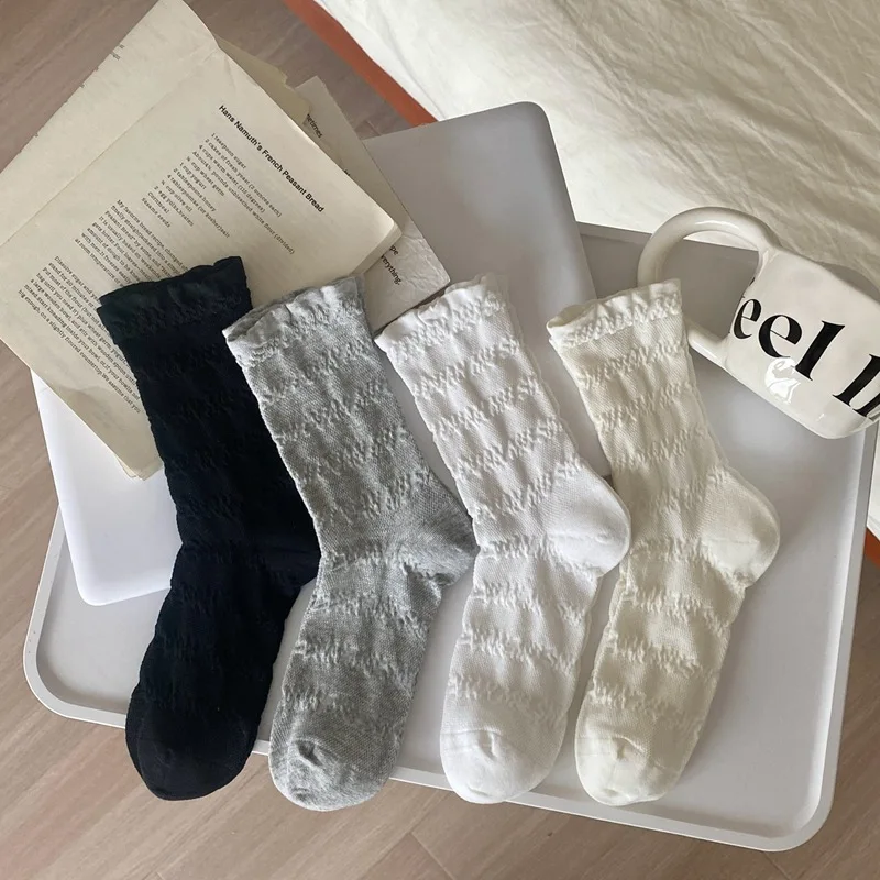 Woman Socks Spring Summer New Simple Solid Color Loose Socks Korean Style Cotton Breathable Classic Girls Mesh Socks Sweet Thin