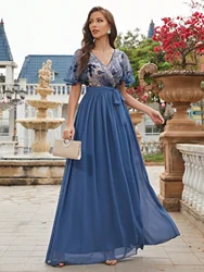 Unithorse Contrast Sequin Belted Chiffon Maxi Bridesmaid Dress