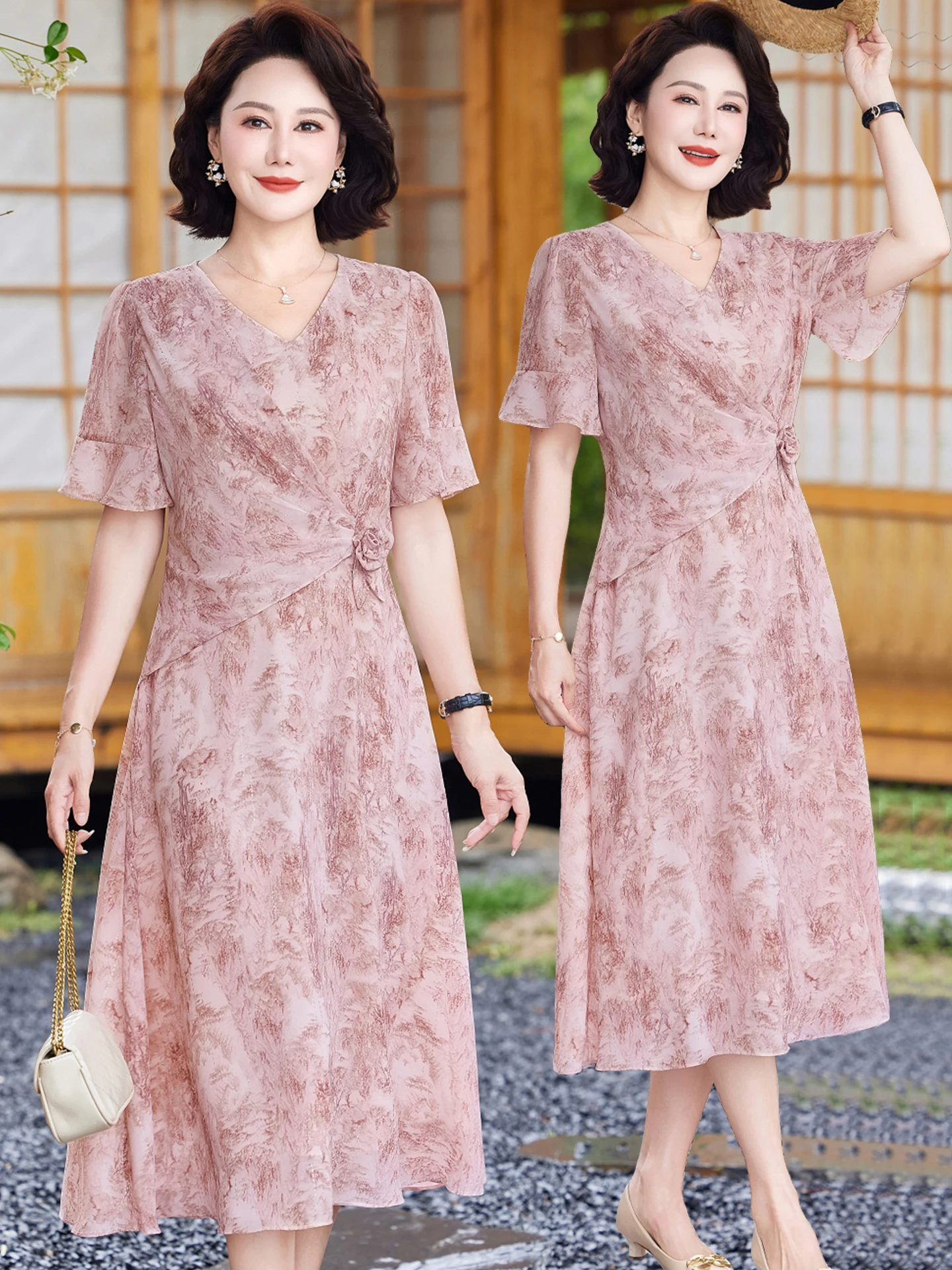 Elegante Vestido de Verano de Manga Corta para Mamá, Nuevo Estilo 2026, Falda Midi Moderna y Atemporal para Mujeres en su Auge
